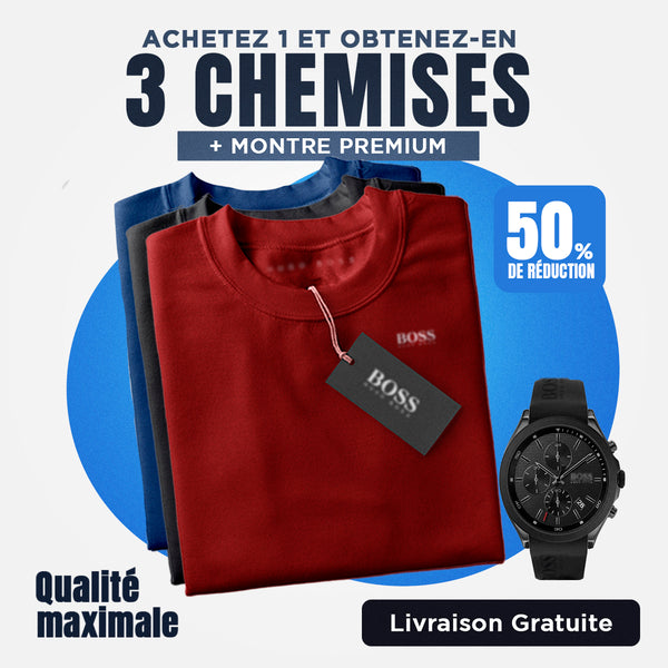 [ACHETEZ 1 PRENEZ 4] Kit de 3 Chemises Polo Boss + Montre Cadeau